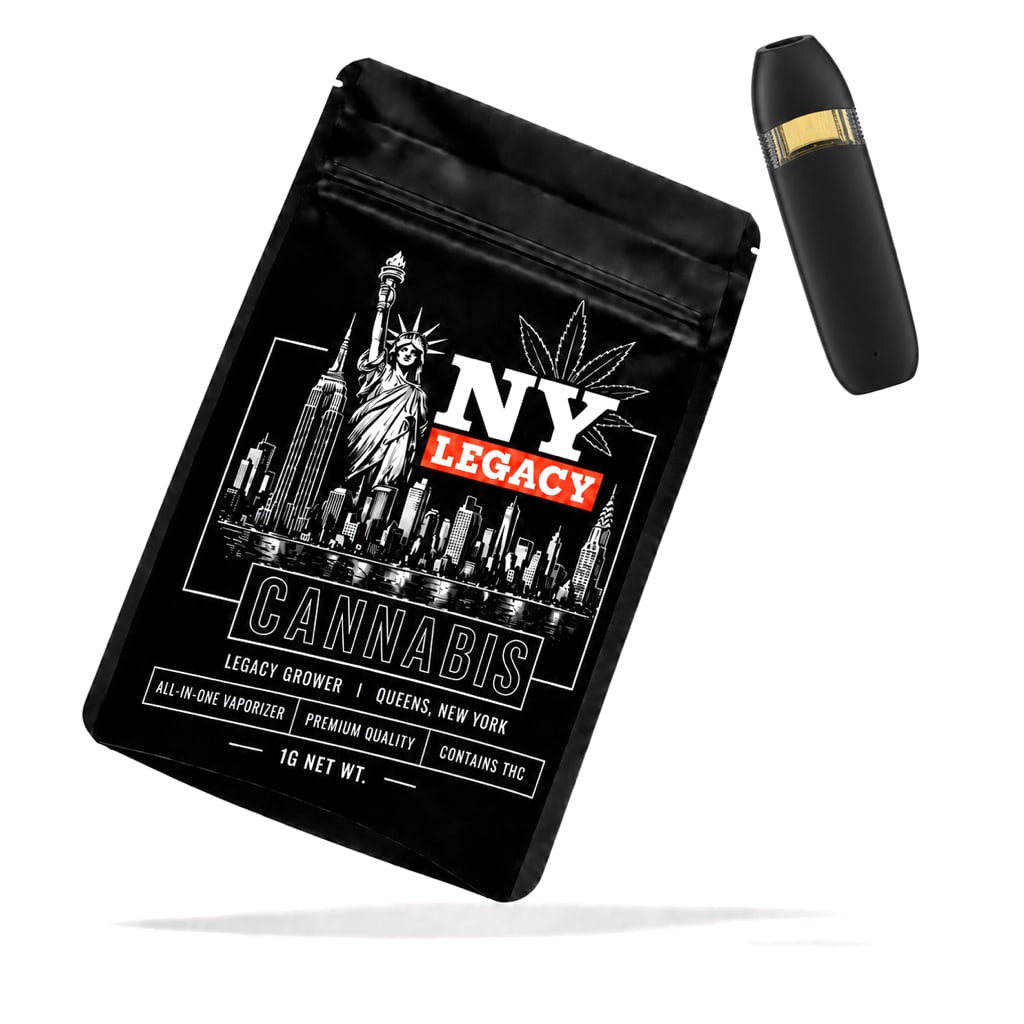 NY Legacy AIO Vape, black device with black skyline mylar bag