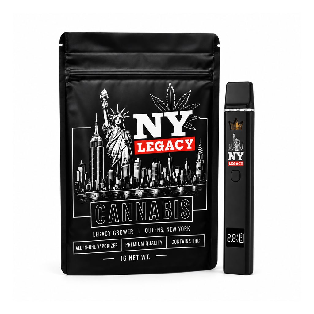 NY Legacy AIO Vape, black device with black skyline mylar bag