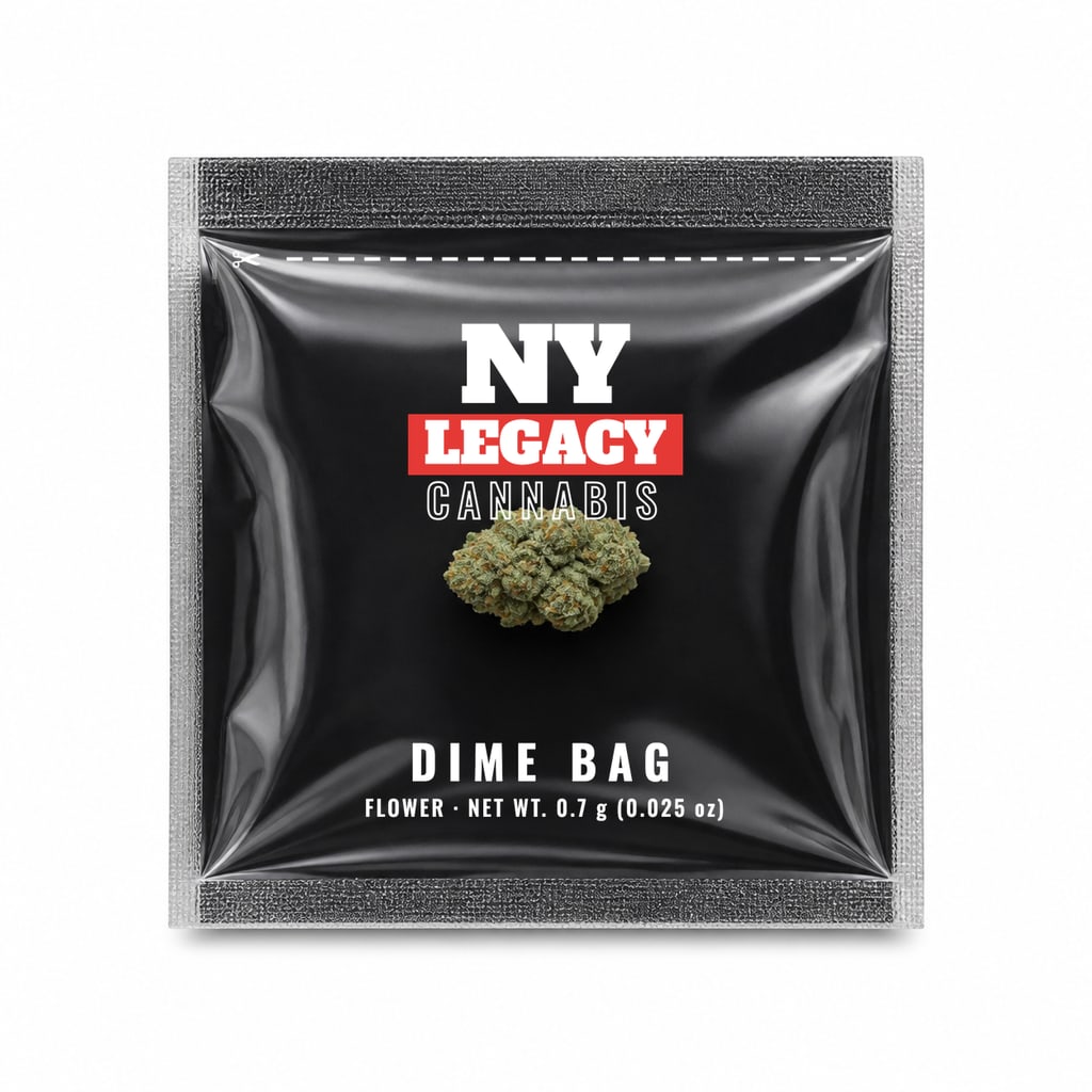 NY Legacy Dime Bag, single-use flower sachet with a clear front and matte black back