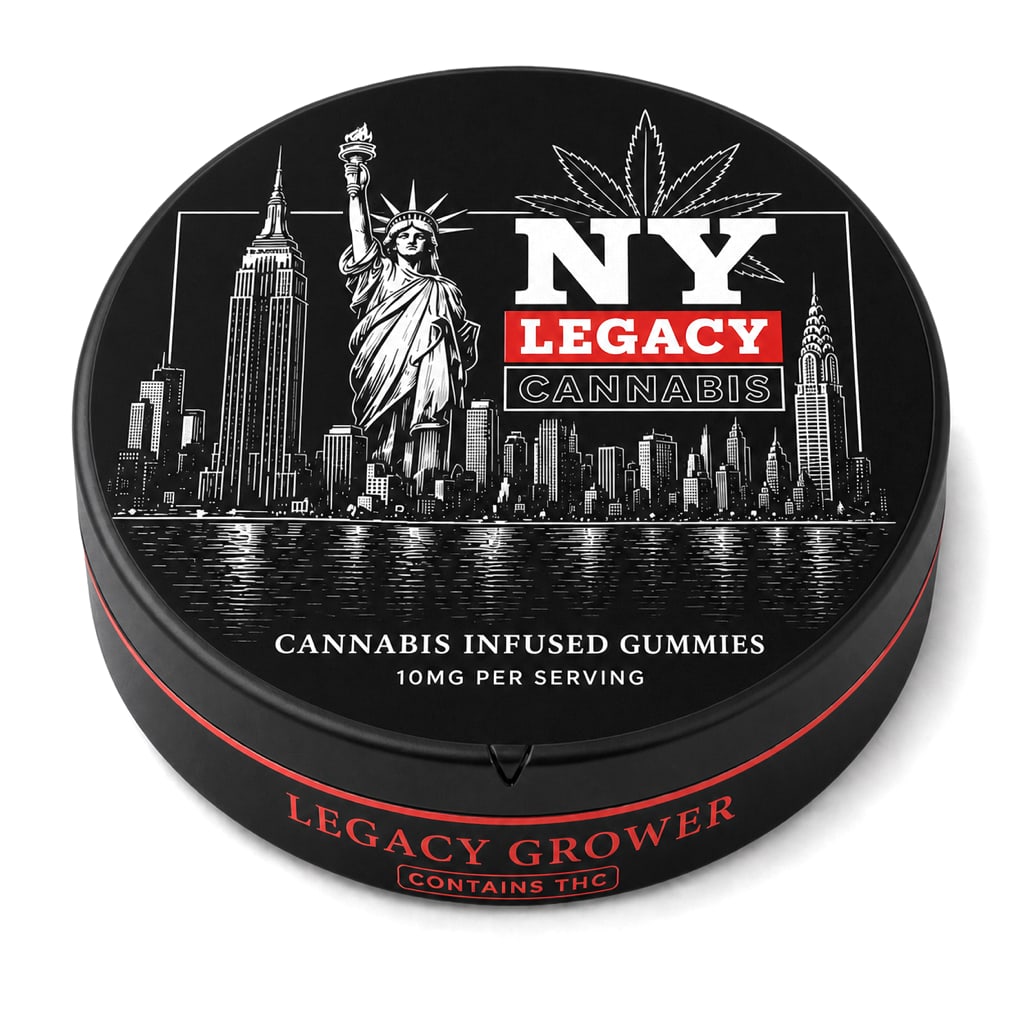 NY Legacy Cannabis Infused Gummies in a black skyline tin