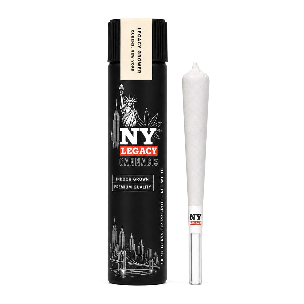NY Legacy Glass-Tip Pre-Roll in a matte black glass tube