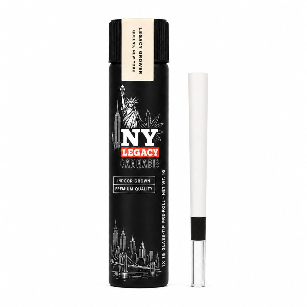 NY Legacy Glass-Tip Pre-Roll in a matte black glass tube