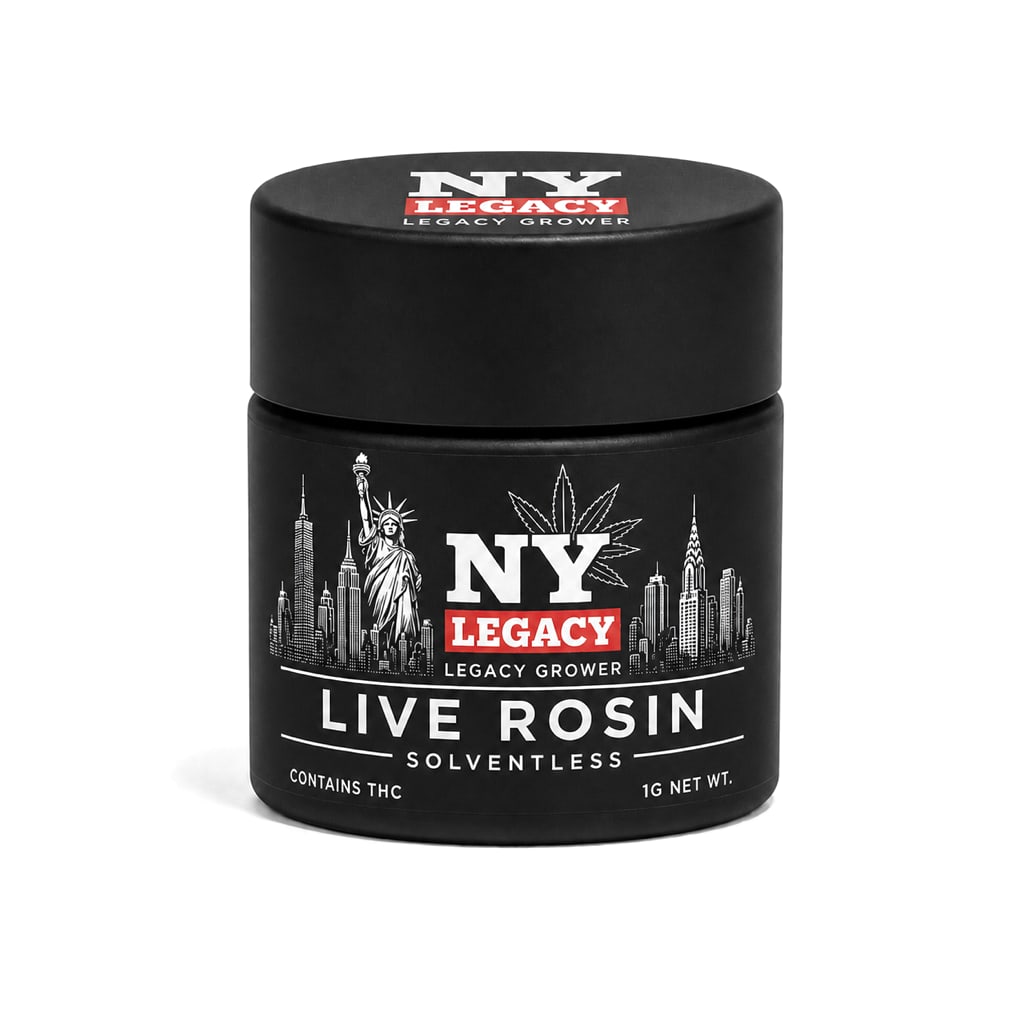 NY Legacy Live Rosin Concentrate in a matte black jar
