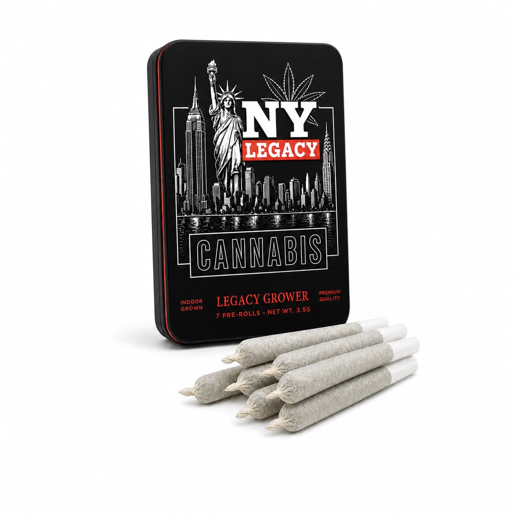 NY Legacy 7-pack Pre-Roll Tin, closed rectangular black tin with noir skyline lid art and seven filled pre-rolls in front